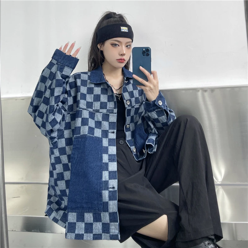 2023 Spring New Plaid Denim Coats Women High Street Hip Hop Turn Down Collar Long Sleeve Oversized Jackets Couples