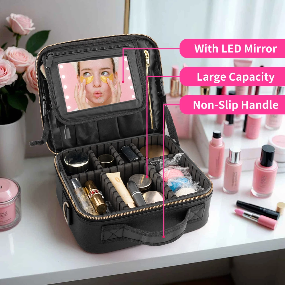 Missmeeca Travel Makeup Bag with Led Mirror,PU Leather Makeup Case for Women & Makeup Artists Nail Polish Organizer Bag Cosmetic