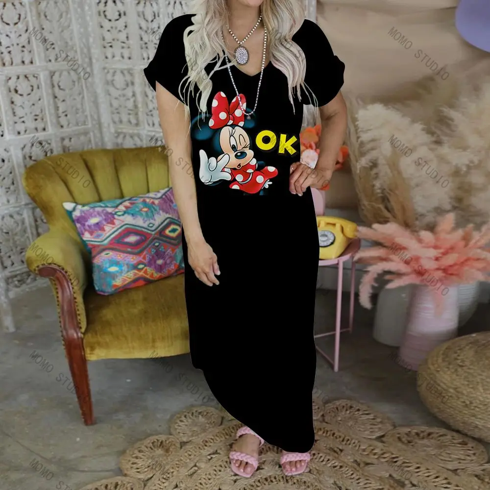 

Disney Women's Long Dress Mickey Summer Dresses 2022 Casual V-Neck Leisure Cartoon Sexy Minnie Mouse Woman Clothes Y2k Maxi Robe