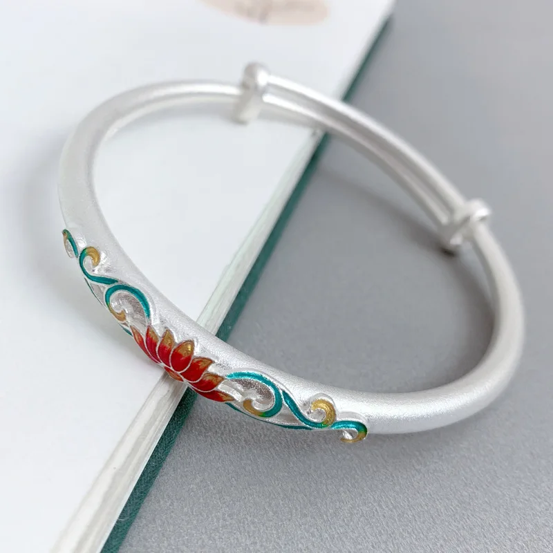 Chinese Style Pure Silver 999 Enamel Colorful Lotus Bracelet Adjustable Ethnic Handmade Flower Bangle Jewelry for Women Girls