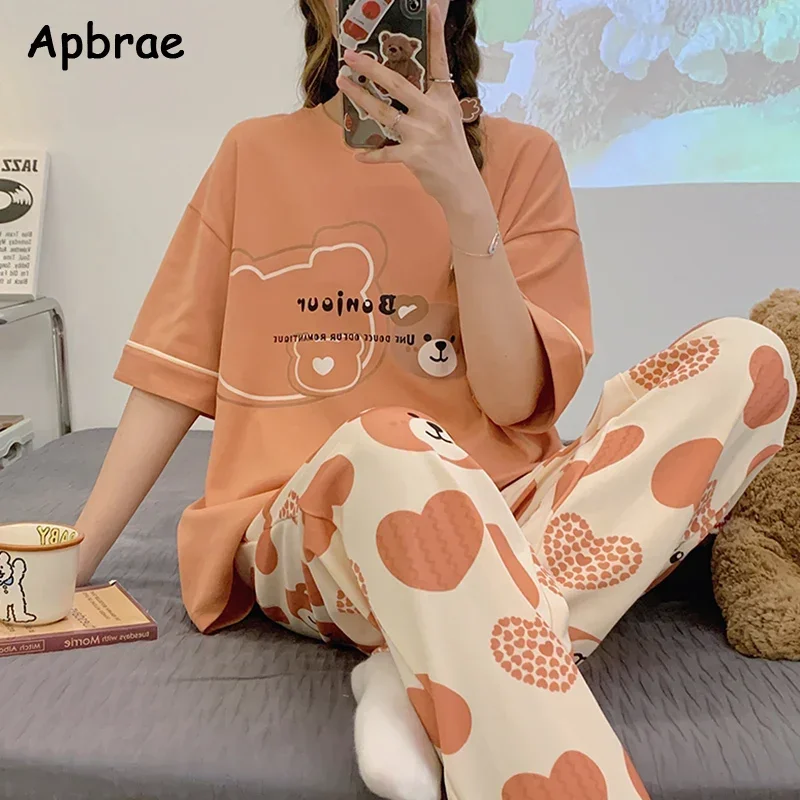 New Pajama Soft Cotton Pajamas for Women Summer Short Sleeved Plaid Pants Pijamas Korean Kawaii Rabbit Print Sleepwear