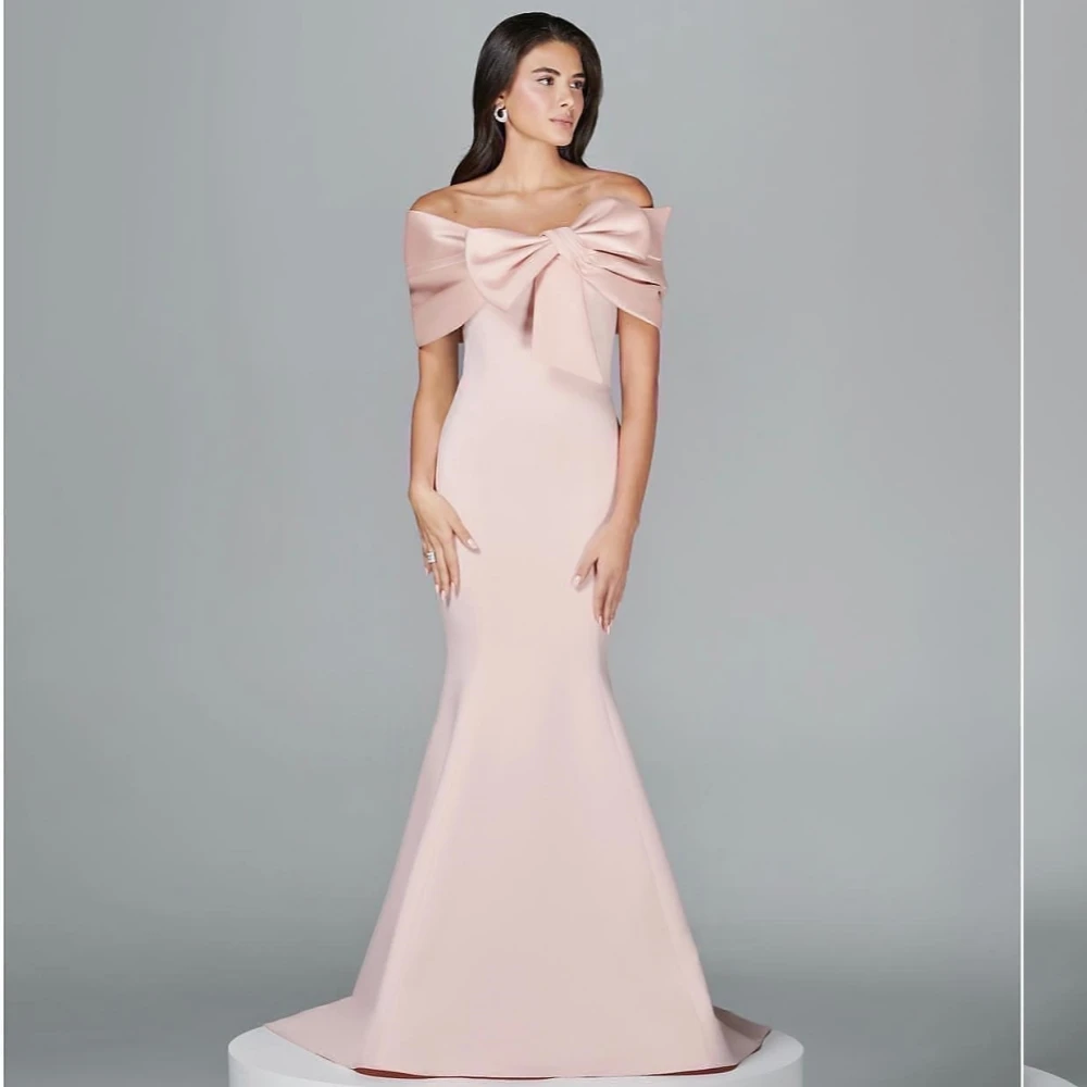 

Jersey Pleat Bow Celebrity Mermaid Off-the-shoulderBespoke Occasion Gown Midi Dresses