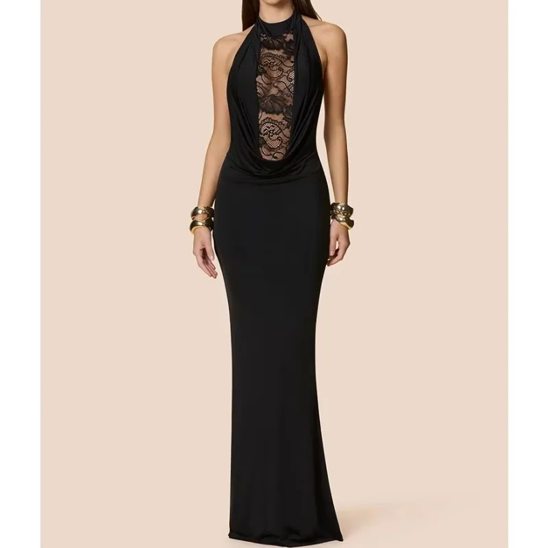 Halter Lace V Neck Sexy Maxi Dress Women Gown Elegant Lace Sheer Off-shoulder Backless Bodycon Club Party Long Dresses