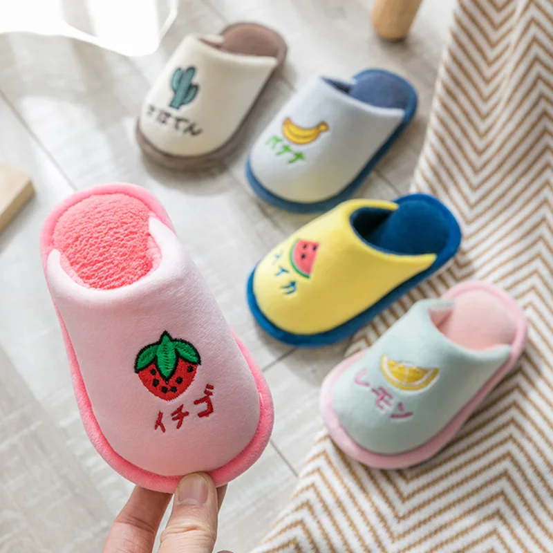 Cute Fruit Pattern Children Slippers For Boys Girls Autumn Winter Warm Kids Slippers Indoor Home Cotton Shoes For Toddler