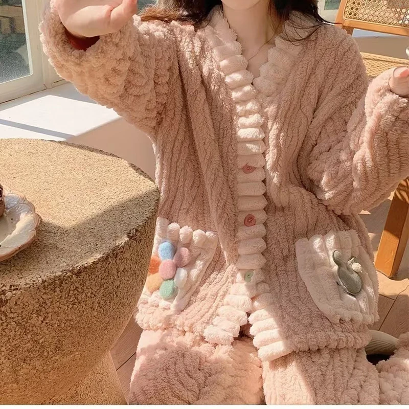 EVNISI-Conjunto de cárdigan holgado y pantalones de cintura elástica para mujer, pijama de terciopelo con flores 3D, traje de lana cálido para otoño e invierno, 2 piezas