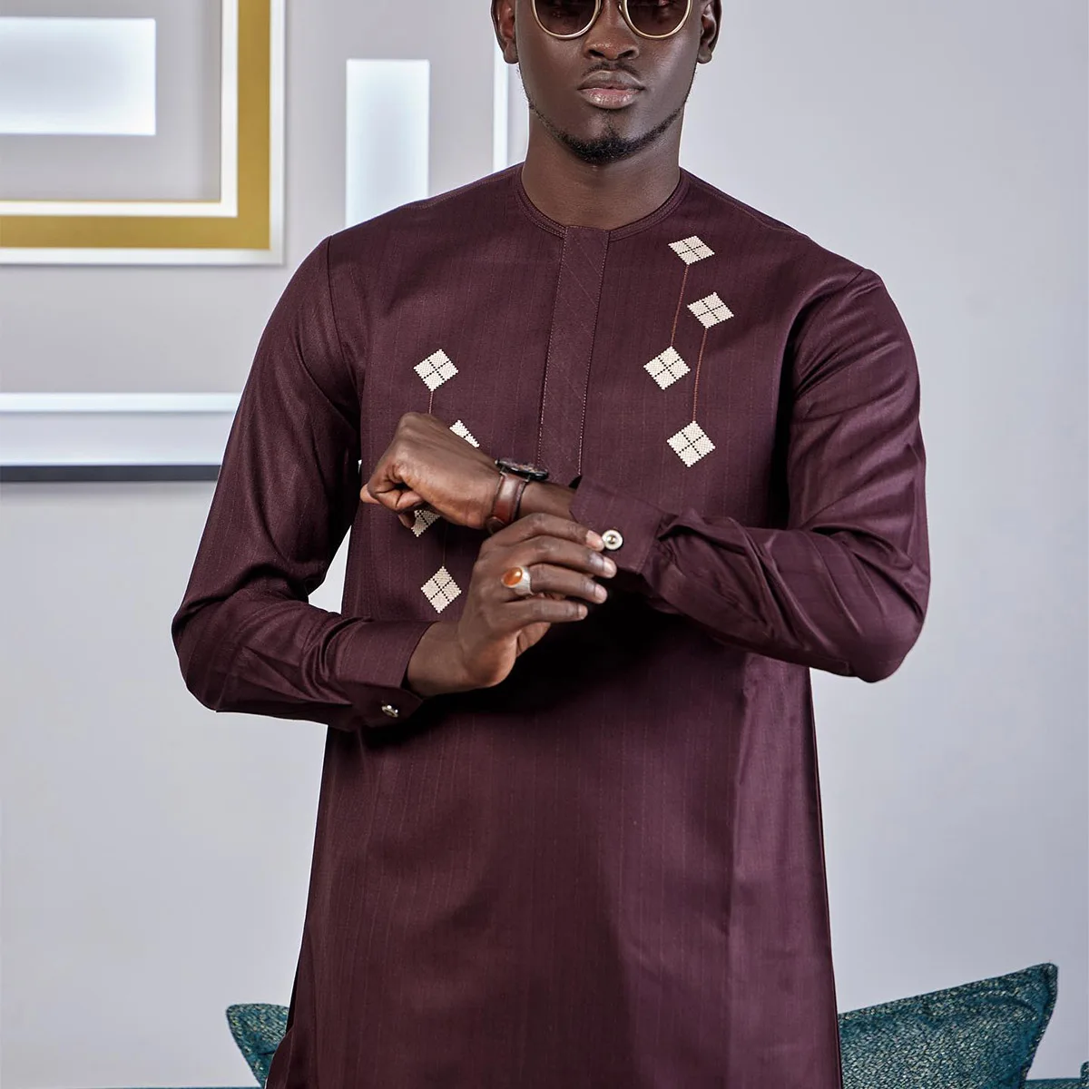 New luxury men\'s suit 2 piece trousers set polo shirt embroidery solid color long sleeve African festival ethnic style clothing