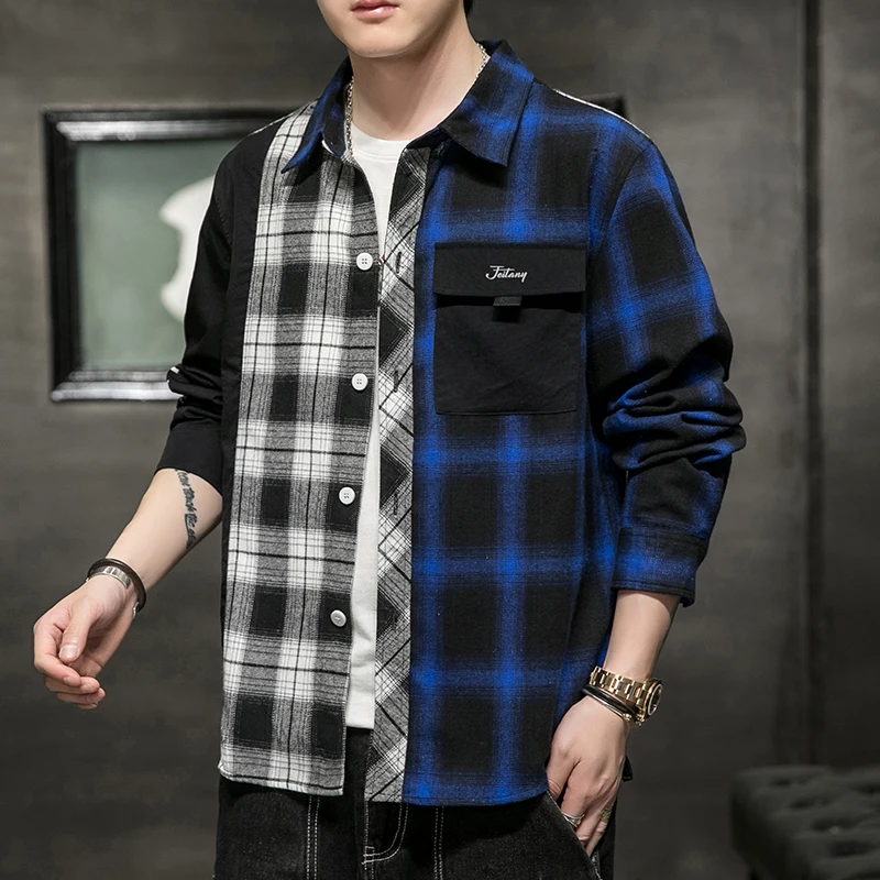 Nice Men's Spring Casual Patchwork Long-Sleeved Cotton Plaid Shirts Oversized M-4XL Autumn HipHop Tops Coats Streetwear Clothing