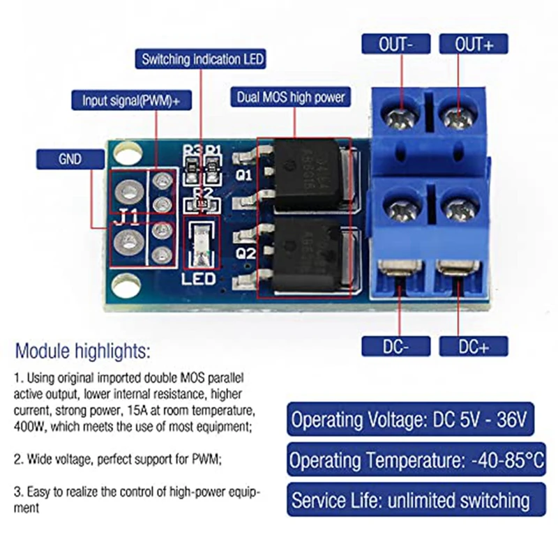 30PCS MOSFET Drive Module DC 5V-36V 15A(Max 30A) 400W Dual High-Power 0-20Khz PWM DC Motor Speed Controller