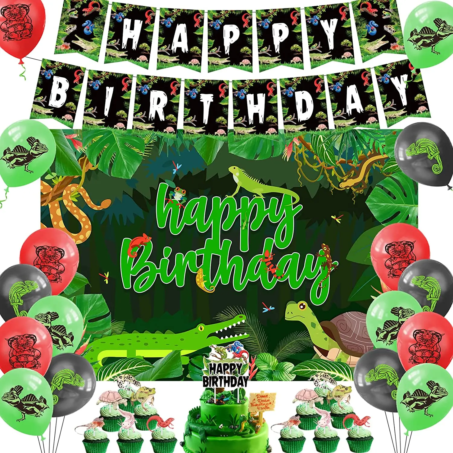 Reptile Birthday Party Decorations Reptile Swamp Happy Birthday Banner Backdrop Balloons Animals Lizard Snake Cake Toppers