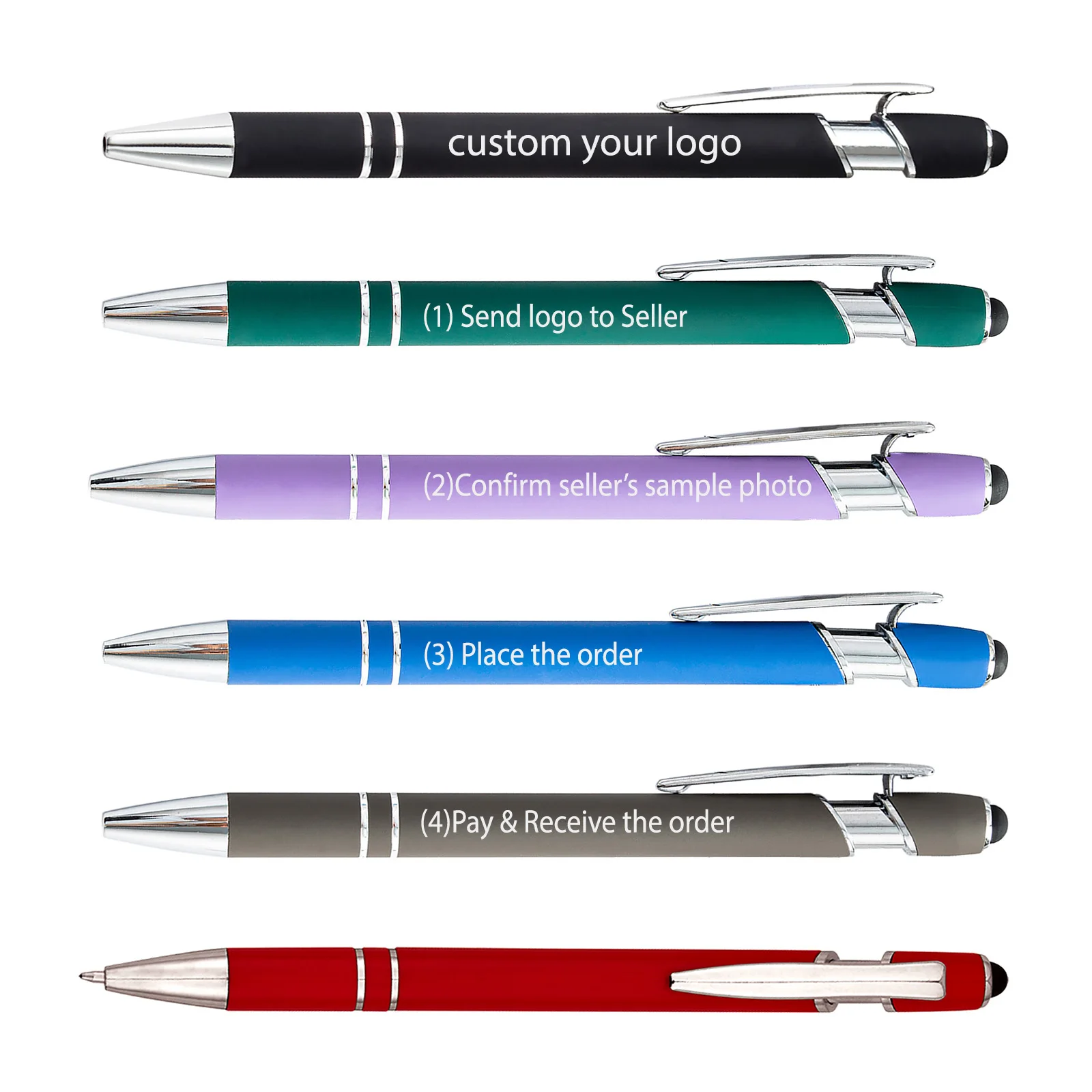 50pcs Logo Pen Engraved Gift Ball Pens Stylus Tip Smooth Writing Black Ink Sensitive Touch Screen Promotion Carve Mark Advertise