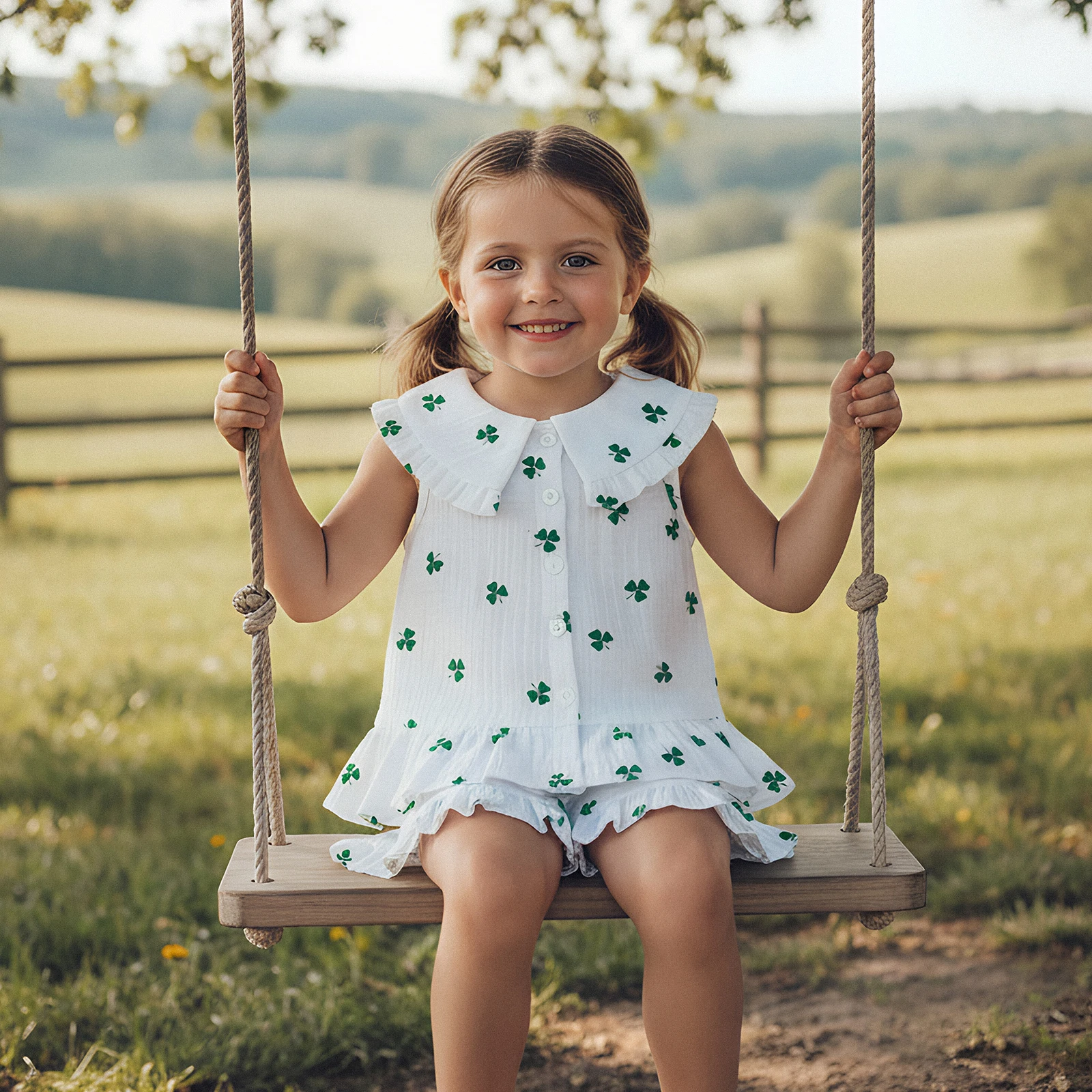 Irish St. Patrick's Day Toddler Girls 2Piece Outfits Fashionable Shamrock Print Sleeveless Doll Collar Vest Tops and Shorts Set