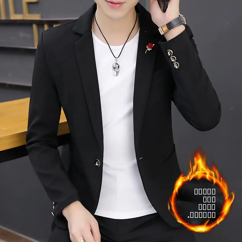 

Thiened Fce Autumn Winter Men's Casual Sle Korean Version Long Sve Suit Jaet Young Men's Faion Outerwear