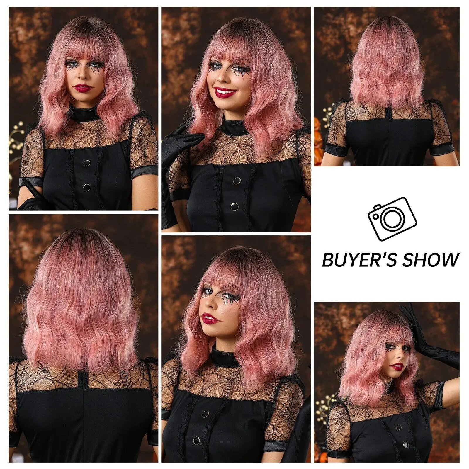 

ALAN Short Bob Wavy Pink Black Ombre Cosplay Christmas Synthetic Wig