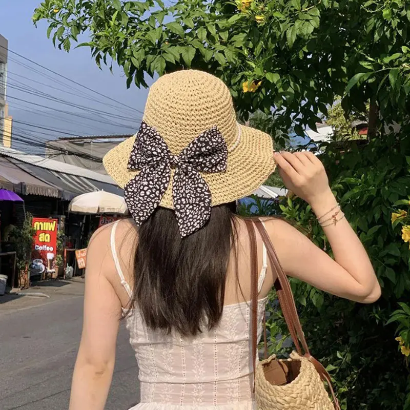 

Summer Beach Bow Pearl Straw Hat Women Visor Bucket Hat Fisherman Hat Hand Weaving Panama Girl Travel Seaside Sun Protection