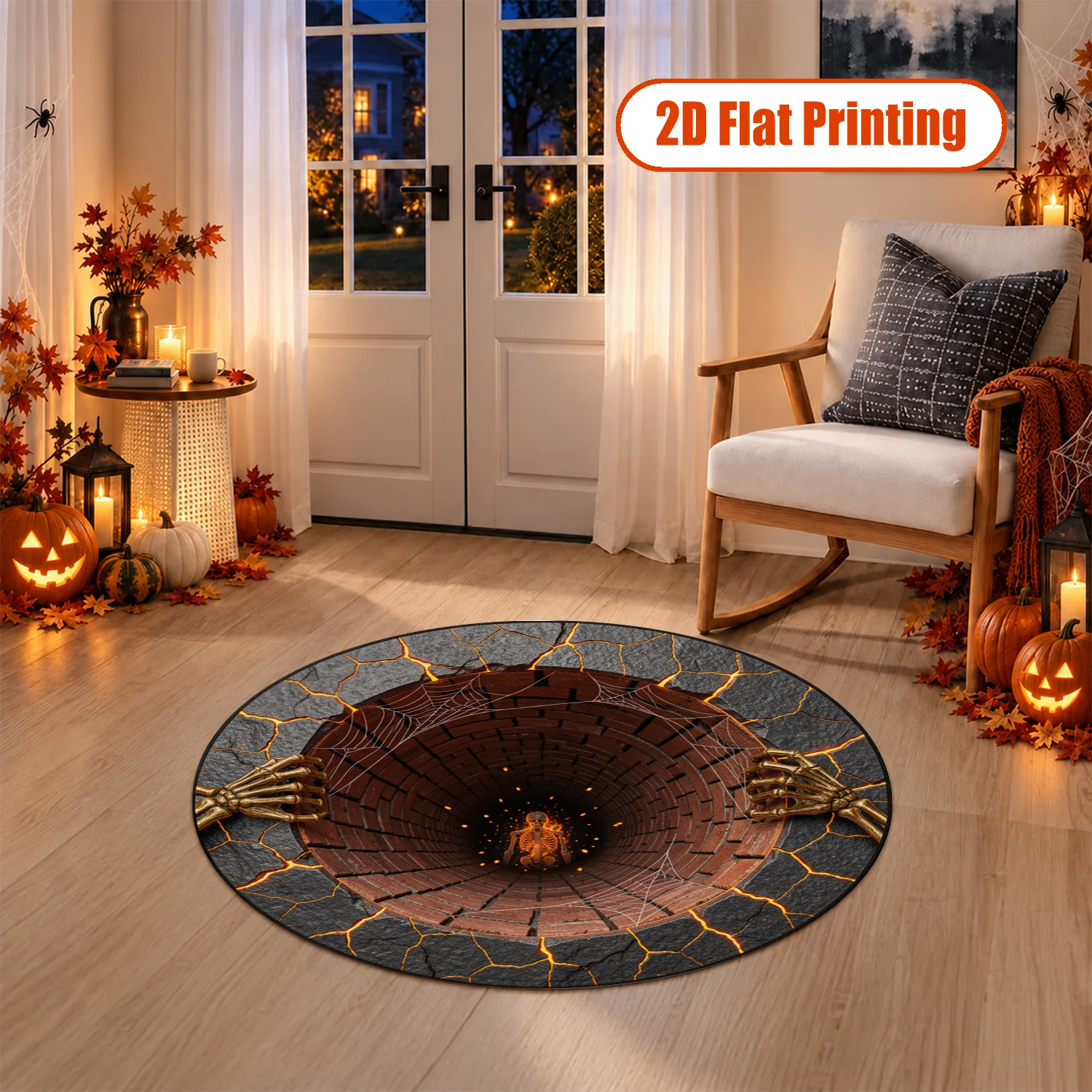 Spooky Well Skeleton Design Round Velvet Rug Machine Washable for Living Room Bedroom Entryway Halloween Thanksgiving Christmas New Year Black Friday Cyber Monday