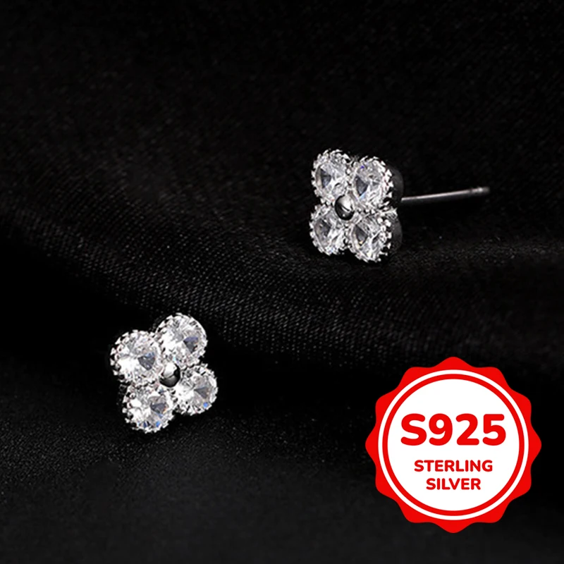 

S925 Sterling Silver Simple Four-Leaf Crocodile Earrings Niche Light Luxury Round Earrings