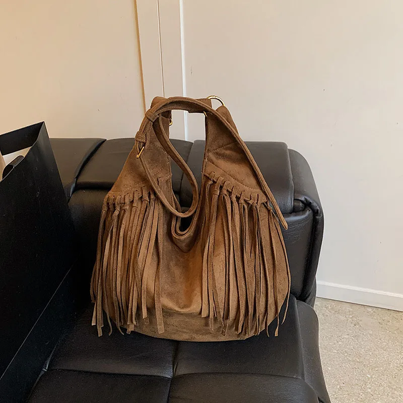 

Faux Suede Fringe Underarm Bag Travel Tote Handbag Female Shopping Bag Women Large Capacity Frosted Tassel Shoulder Bag