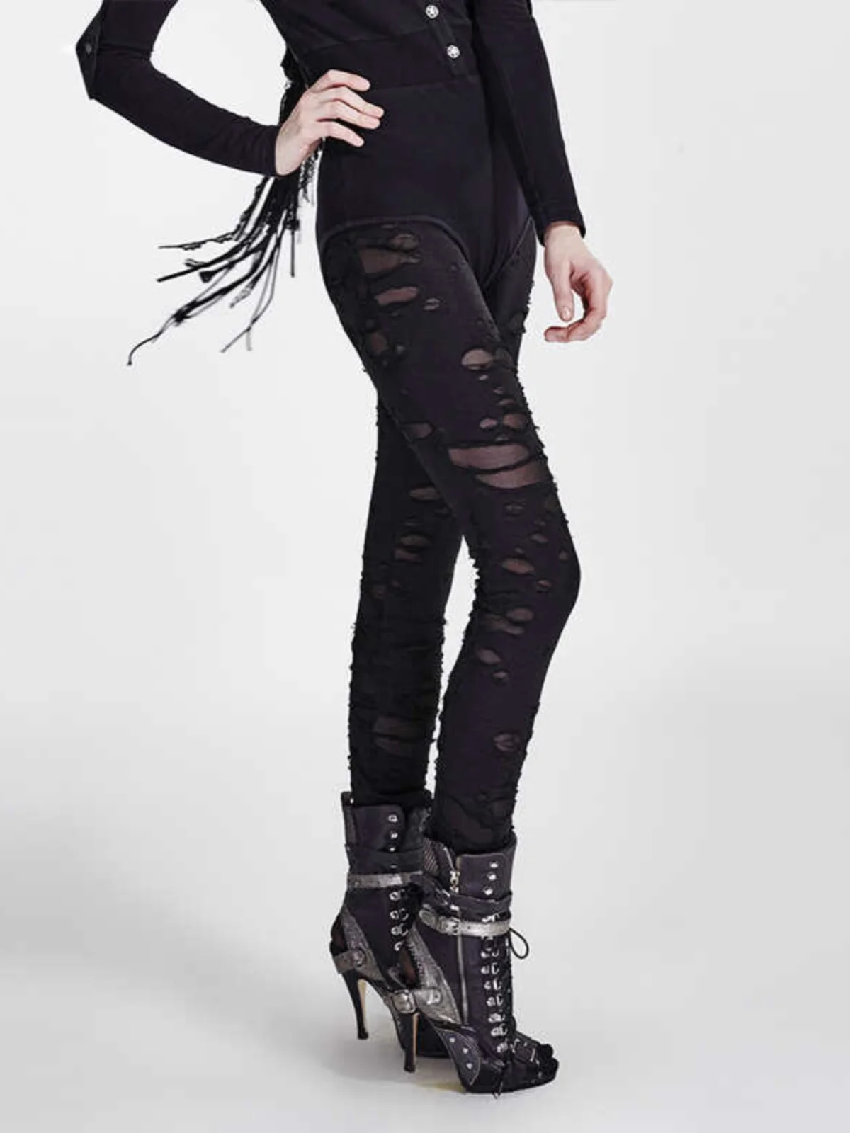 

Slim Fit Elastic Black Hole Punk Rave Women's Bottoming Pants Personality Hole Design Sexy Slimming Effect Casual Trousers