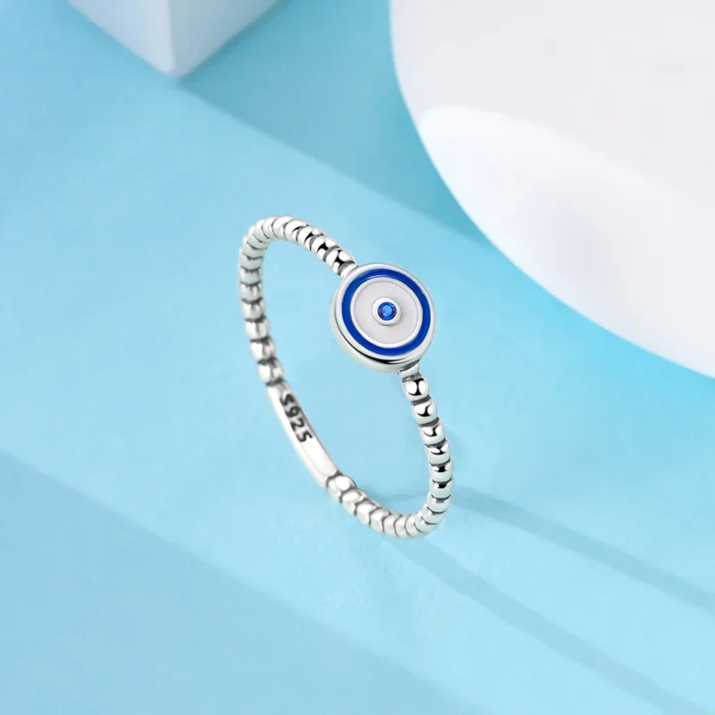 خاتم أصلي S925 من الفضة الإسترليني خاتم أزرق مستدير عين الشيطان خاتم ديني رقيق للذكرى السنوية إكسسوار هدايا رائع