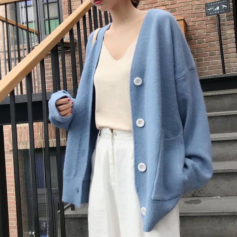 Women V Neck Pocket Knit Cardigan Single Breasted Oversized Loose Long Sleeve Sweater