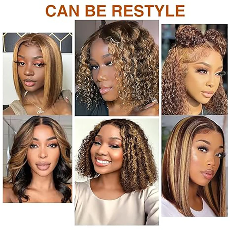 Water Wave Short Bob Wigs Human Hair Highlight 13x4 Lace Front Human Hair Wig 4/27 Deep Wave Lace Frontal Wig Curly Bob Wigs