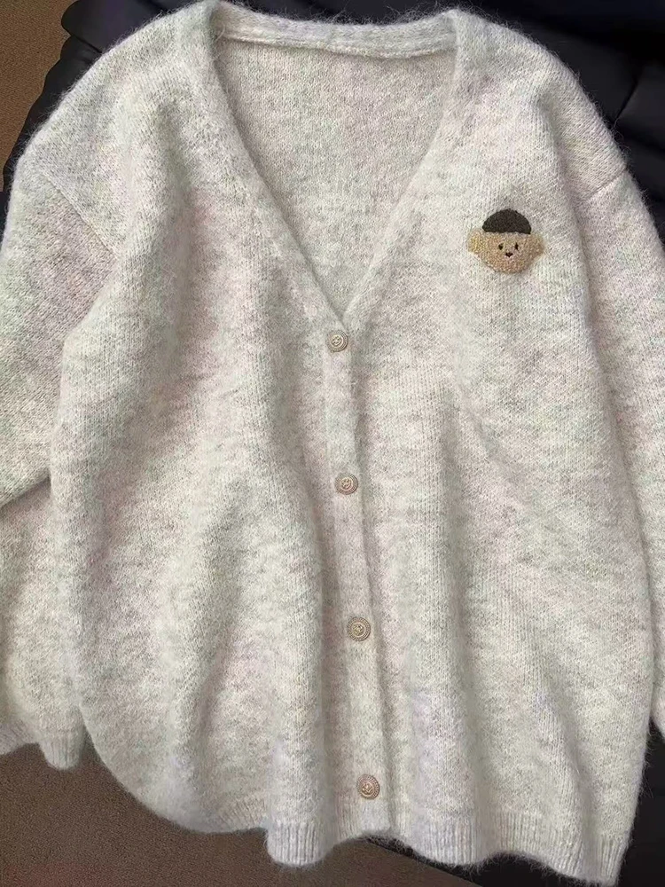 

Soft Knit Cardigan for Women Korean Loose V Neck Single Breasted Casual Sweaters Sweet Bear Embroidery Preppy Solid Jumper New