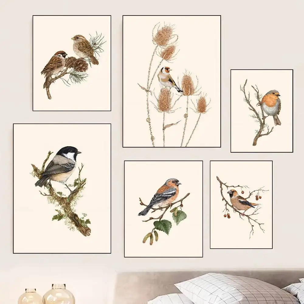 Vintage Goldfinch Landscape Bird Flower Poster Self-adhesive Art Room Entrance Restaurant Wall Decor Art Painting