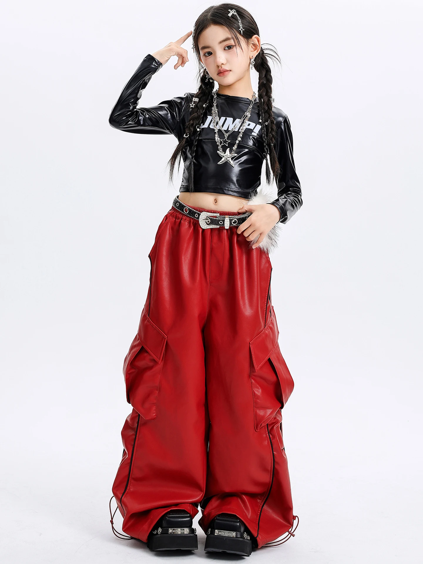 2025 preto brilhante topo caugo calças roupas de dança jazz roupas desempenho kpop meninas equipe hiphop trajes dança rua dql12143