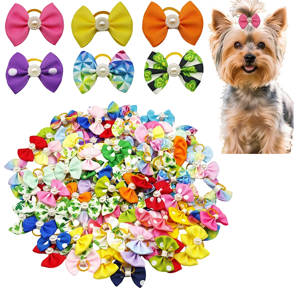 

100 pieces Cute Printing Pet Hair Bows Dog Hair Accessories Handmade Hair Clips With Elastic Rubber Band Dog Cat Christmas Gifts
