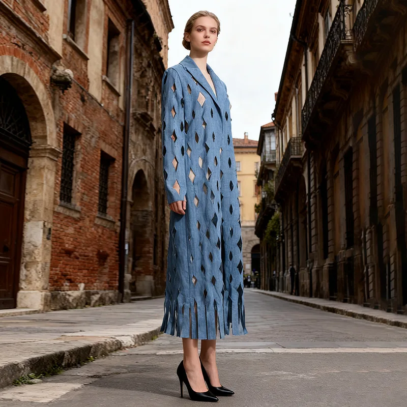 

Women's Hollow-Out Long-Sleeve Trench Coat Autumn Winter Fashion Street Style Design Sensation Denim Jacket
