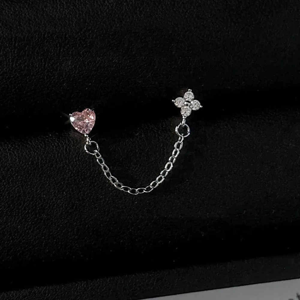 Stainless Steel Ear Bone Nail Earrings Zircon Crystal Chain Design Chain Earrings Double Ear Hole Silver Color