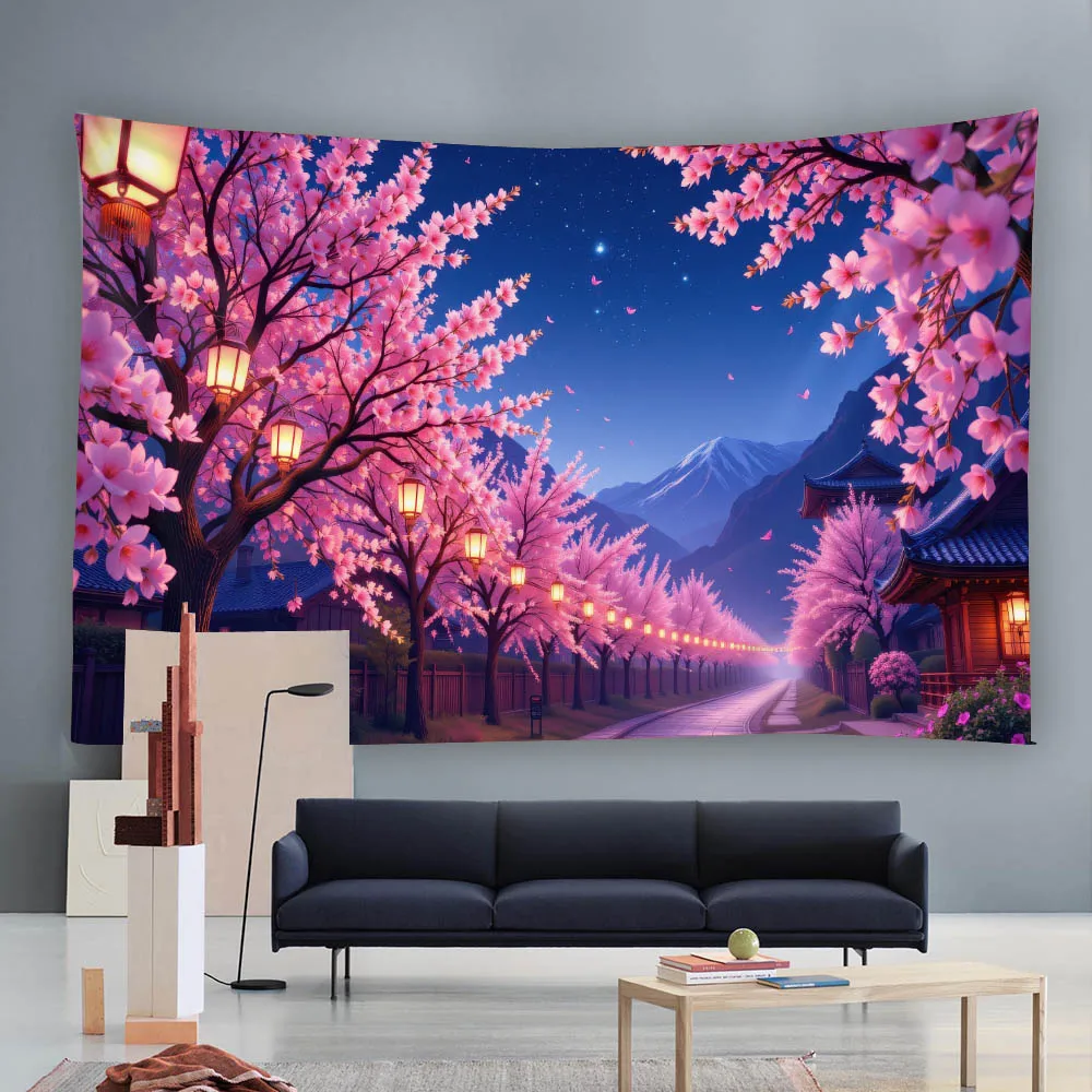 

Cherry Blossom Forest Tapestry Wall Hanging Forest Wooden House Mountain View Background Cloth Natural Landscape Dreamy Tapestry
