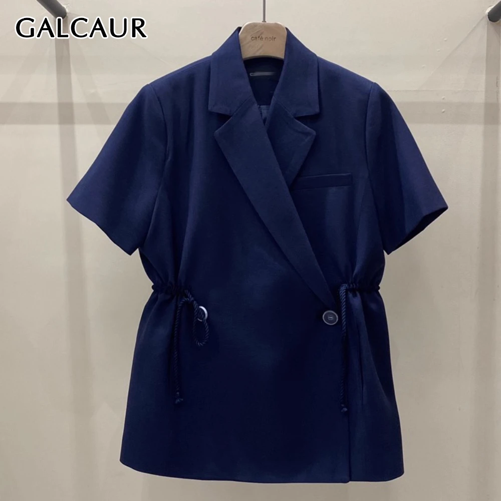 

GALCAUR Solid Spliced Lace Up Basics Jacket Female Notched Collar Short Sleeve Loose Temperament Women's Jackets Style Fashion