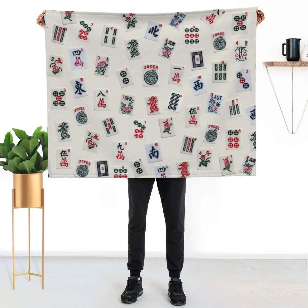 Mahjong game tiles design Throw Blanket bed plaid Beautifuls Retros Vintage heavy to sleep Plaid Blankets