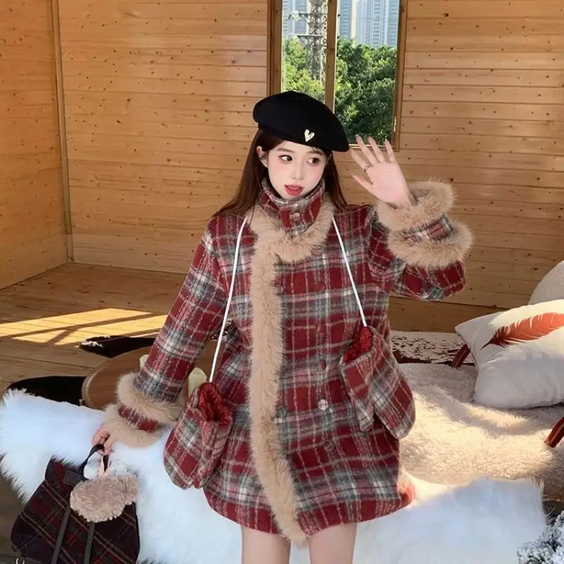 

Женское пальто, зимне-осенняя куртка, верхняя одежда, теплое модное стеганое пальто в клетку на флисовой подкладке, толстое свободное тонкое шерстяное пальто