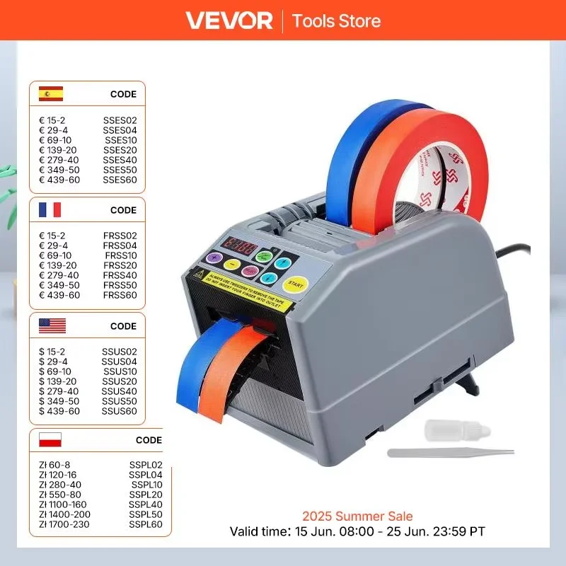 

VEVOR ZCUT-9 Automatic Tape Cutting Machine Paper Slitting Dispenser 6-60mm Adhesive Electric Tape Cutter for Product Packaging