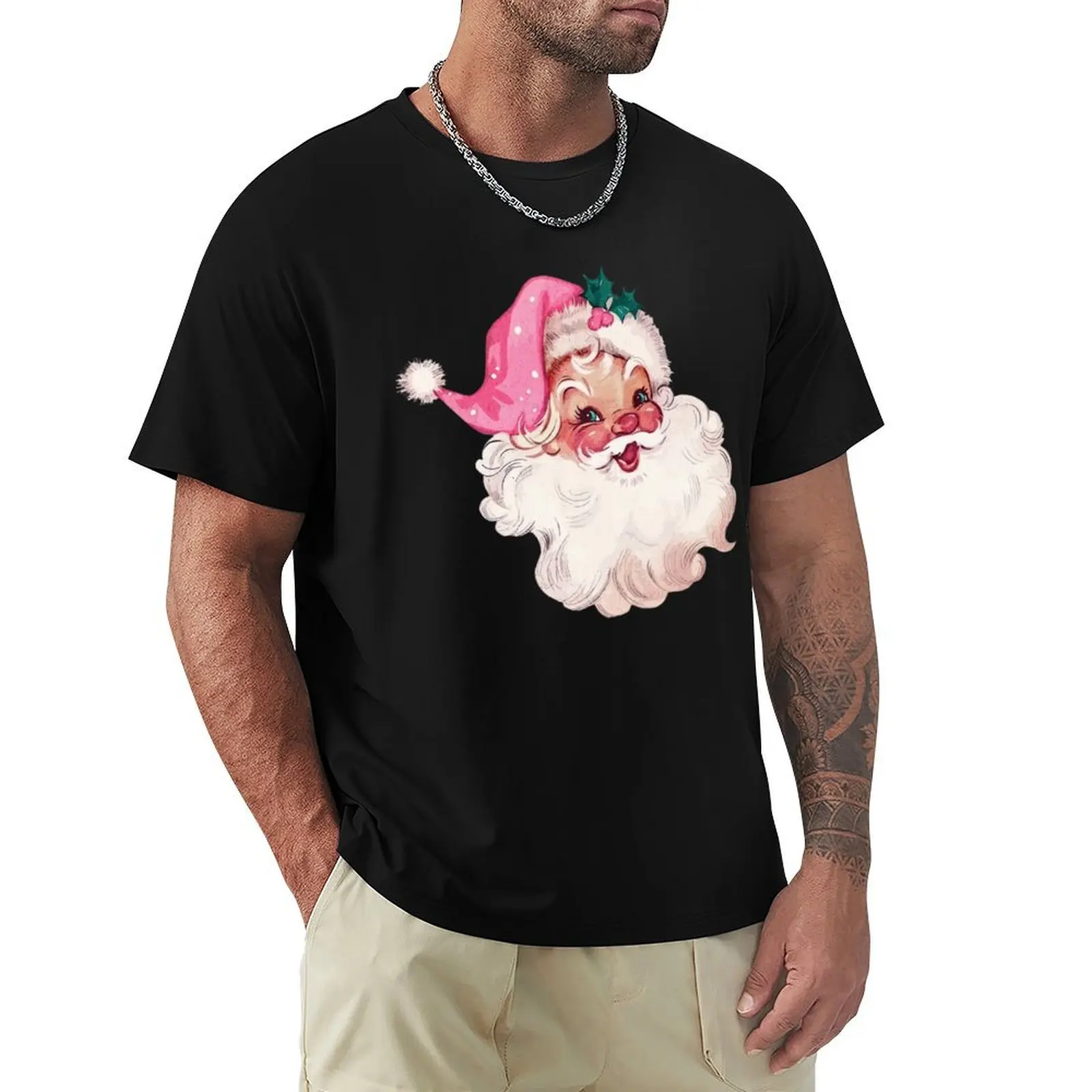 Pink Retro Vintage Santa Claus T-Shirt Large Size Casual Short Sleeve Top