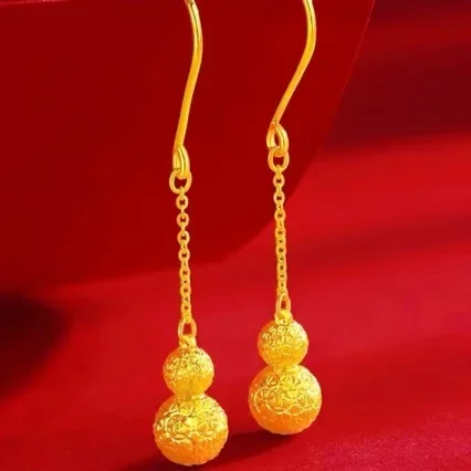 24K Ear Hook New  Pure Gold Earrings for Women, Long Tassel Real Gold Earrings Leaves Gourd AU Transfer Bead Jewelry