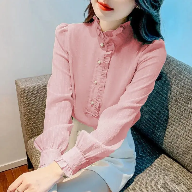 New Chiffon Ruffles Patchwork Long Sleeve Blouse Spring Autumn New Solid All-match Korean Shirt Tops Sweet Fashion Women Clothes