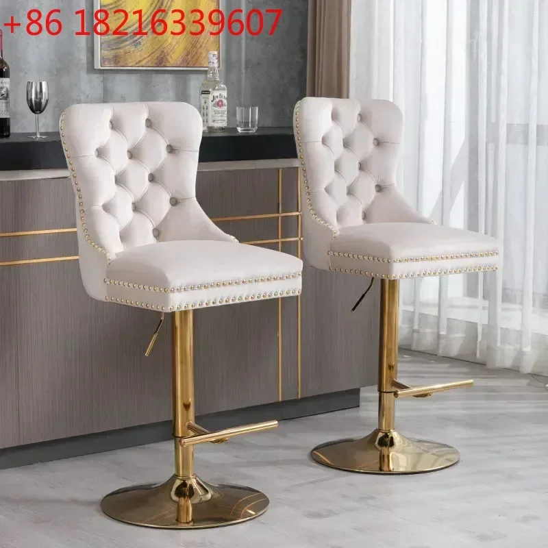 TAO Beige Set of 2,Thick Golden Swivel Velvet Barstools Adjusatble Seat Height, Upholstered Bar Stools with Backs Comfortable Tu
