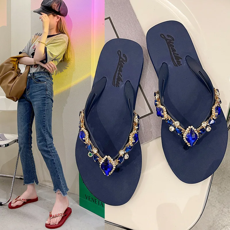 2022 Rhinestone Flip flops Women New Fashion Glass Colored Rhinestone Slippers Women Outdoor Flat Beach Shoes Sandalis