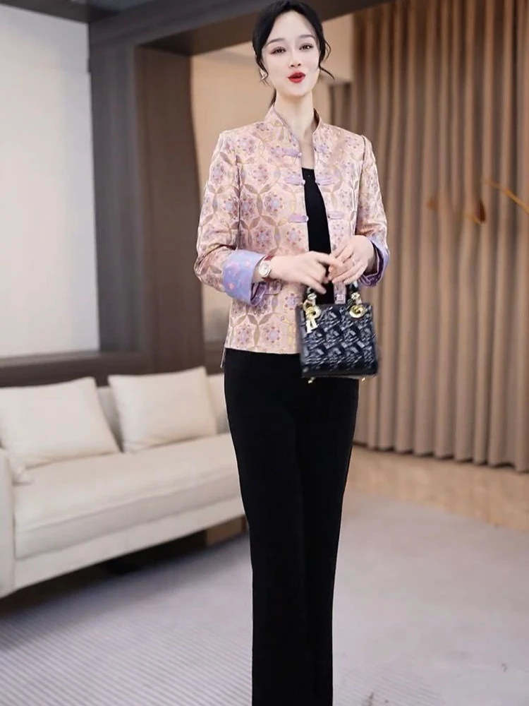 New Chinese style two-piece set women's 2025 early autumn new temperament printed jacket+solid color straight leg pants
