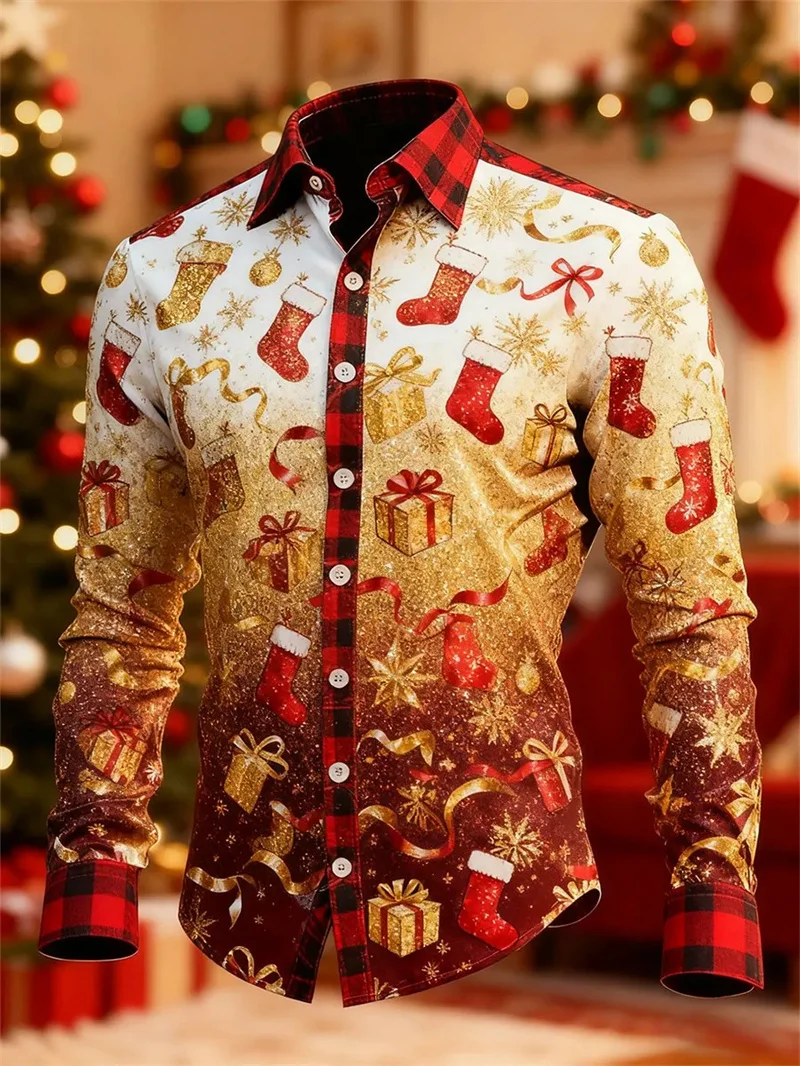 New Men's Christmas Long Sleeved Shirt, Gold Brown Gradient Christmas Socks Gift Box, Snowflake Print Lapel Top