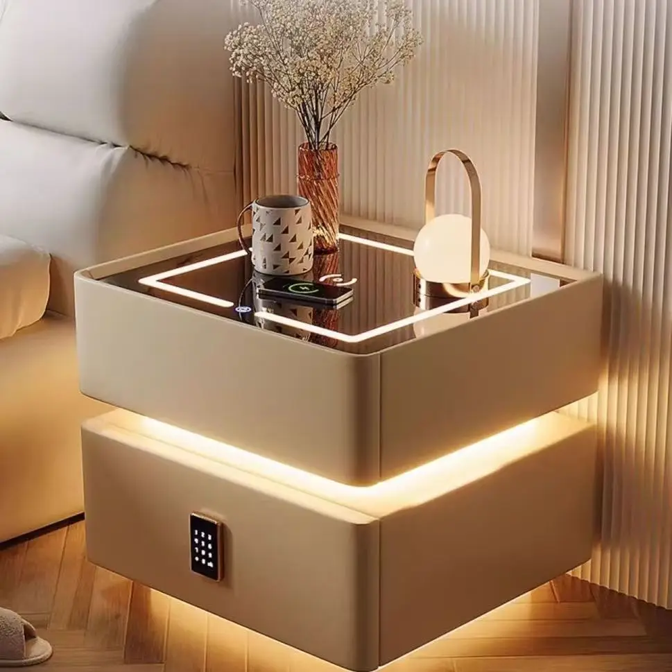 طاولة بجانب السرير ذكية معلقة على الطراز الكريمي مع خزانة تخزين بجانب السرير خفيفة وبسيطة وحديثة لغرفة النوم