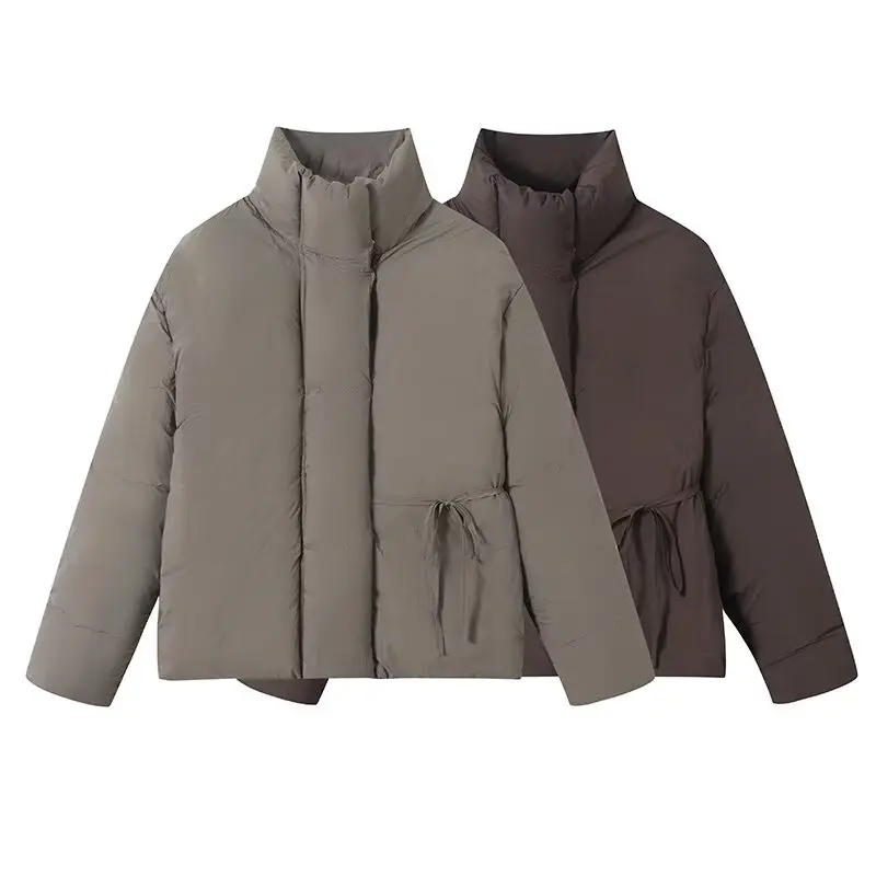 

2025 New Women's Clothing: European and American Style Fashionable Stand Collar Tie-Warm Short Cotton Jacket