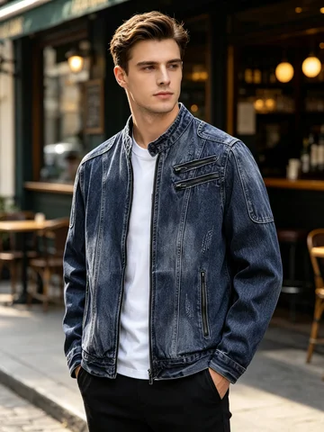 Men Y2K Punk Techwear Denim Jacket,2000s Retro Street Swag Coat,High‑Quality Multi‑Zipper Pockets Stand Collar Jean Outerwear