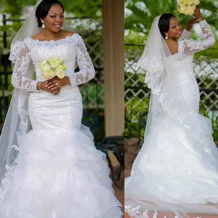 تخصيص التقليدية الأفريقية طويلة الأكمام حورية البحر مثير بلورات اللؤلؤ مخصص ثوب الزفاف فستان الزفاف