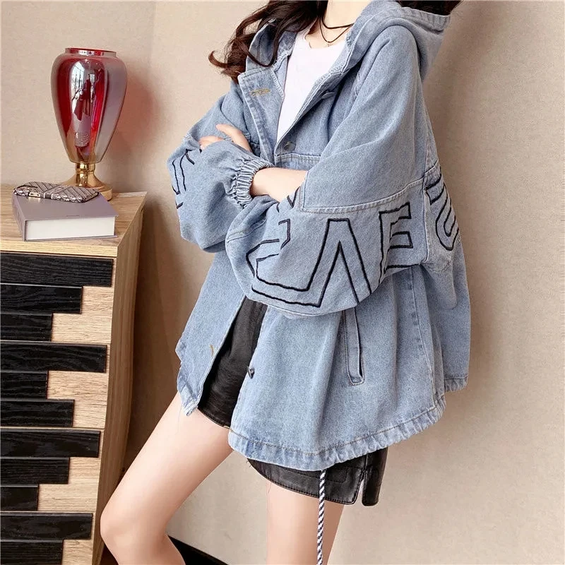 

Denim Jacket Women's 2025Autumn New Cowboy Coat Female Loose Korean Style Outwear Cardigan Mid-Length Hooded Overcoat Ladies Top