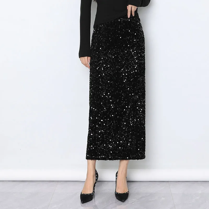 

Velvet Long Skirt Women's Autumn Winter New Elastic Waist High-End Bla Side Slit Bodycon Midi Skirt f-length Skirt