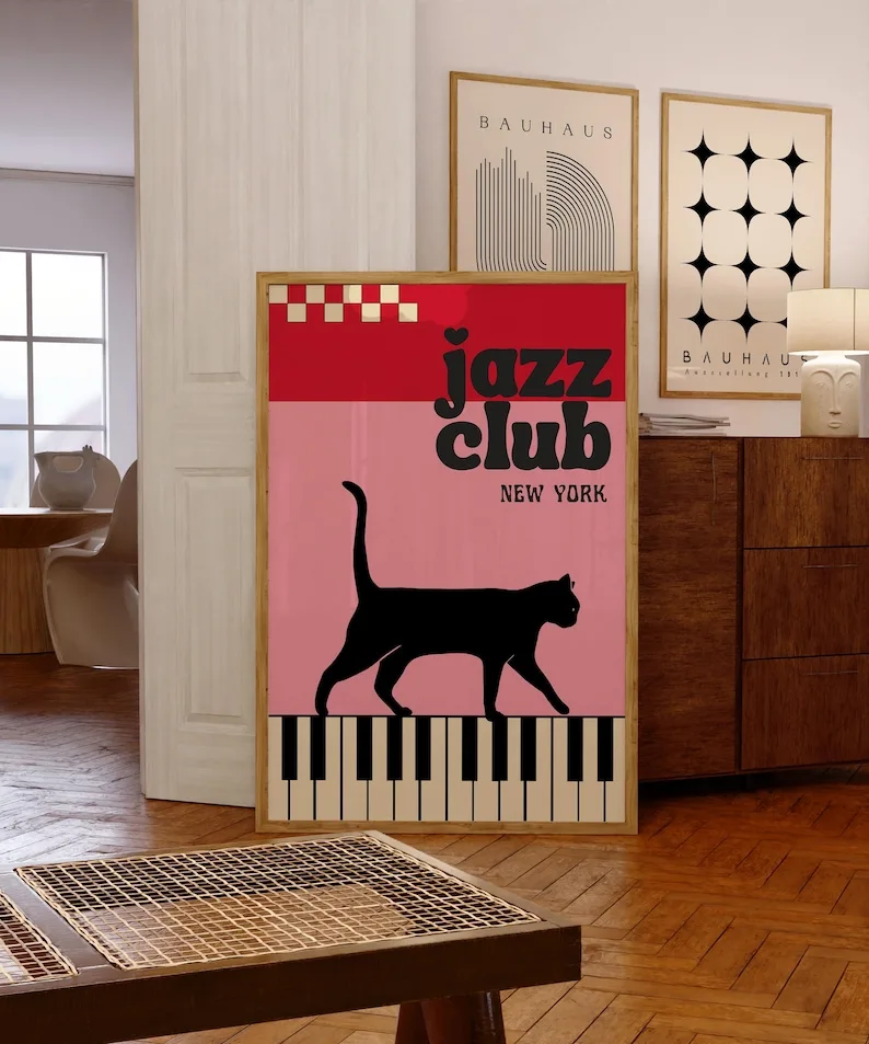 Retro Black Cat & Jazz Club Canvas Wall Art Prints, Frameless Abstract Music Festival Poster for Living Room & Bedroom Decortion